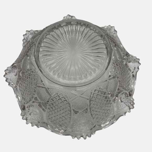 Vintage Clear Pressed Glass Bowl Scalloped Edges Textured Design Stars Sunburst - Picture 3 of 5